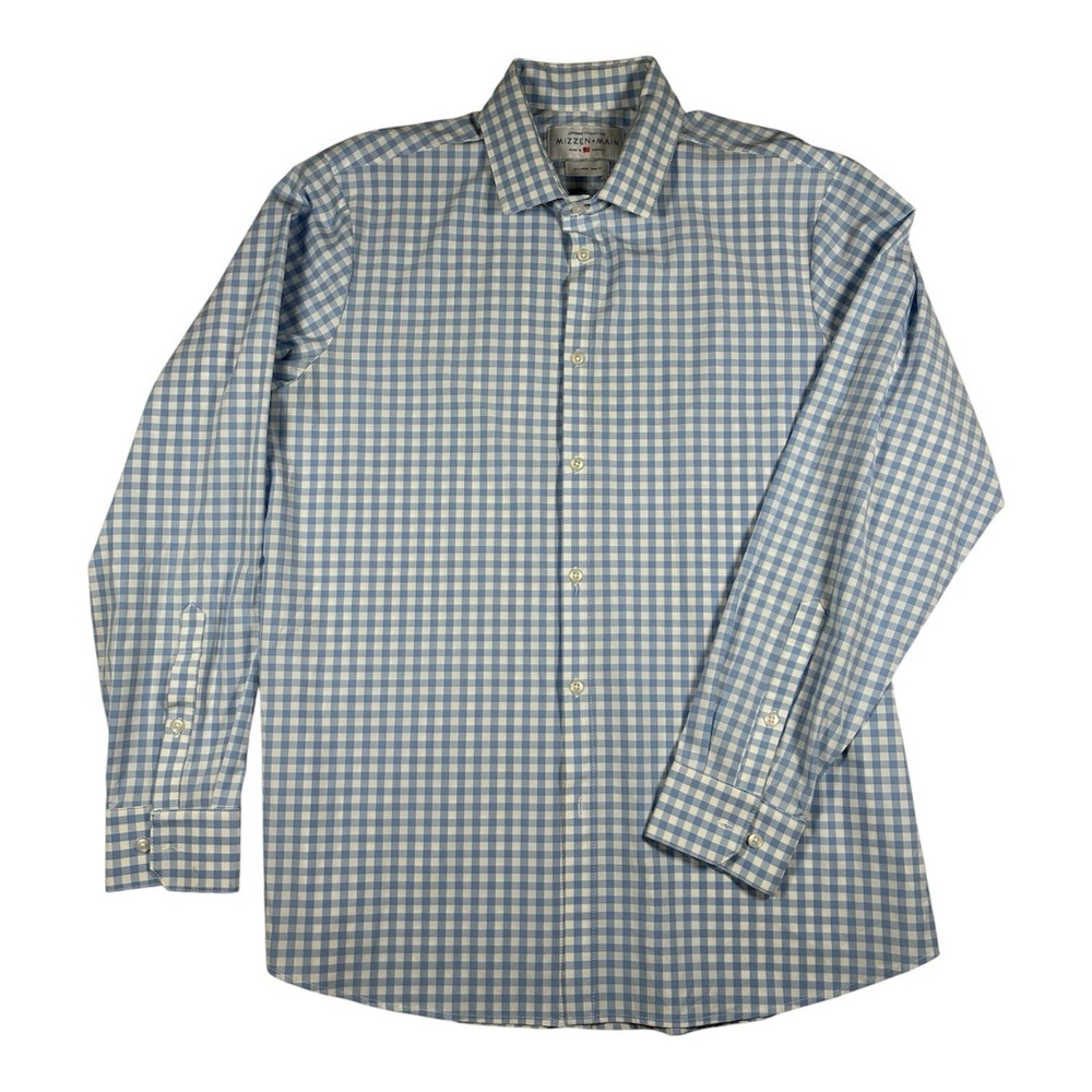 Mizzen + Main Shirt Mens 2XL Blue Gingham Plaid Trim Stretch Performance Leeward